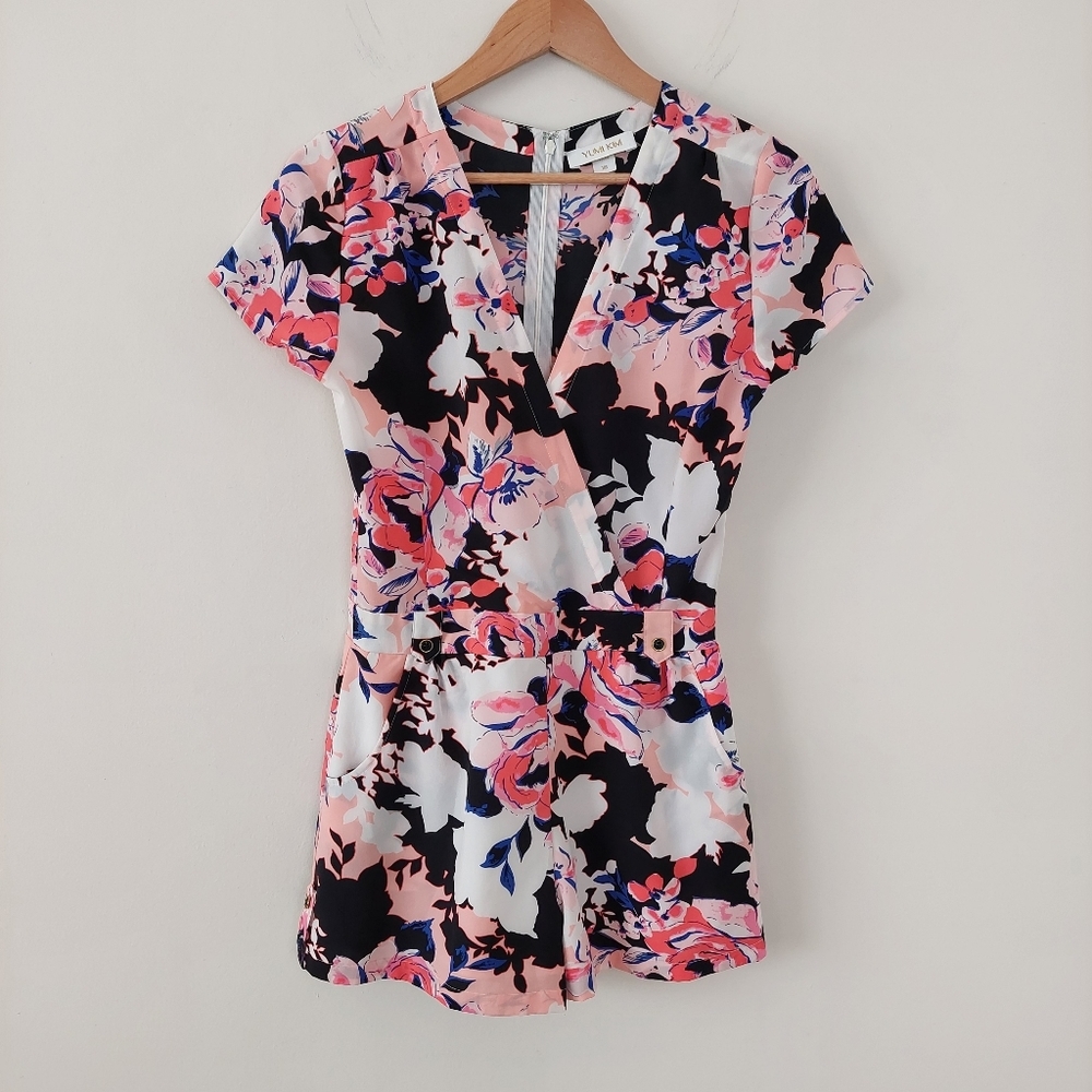 Yumi Kim Pink Black Floral Faux Wrap Romper, XS